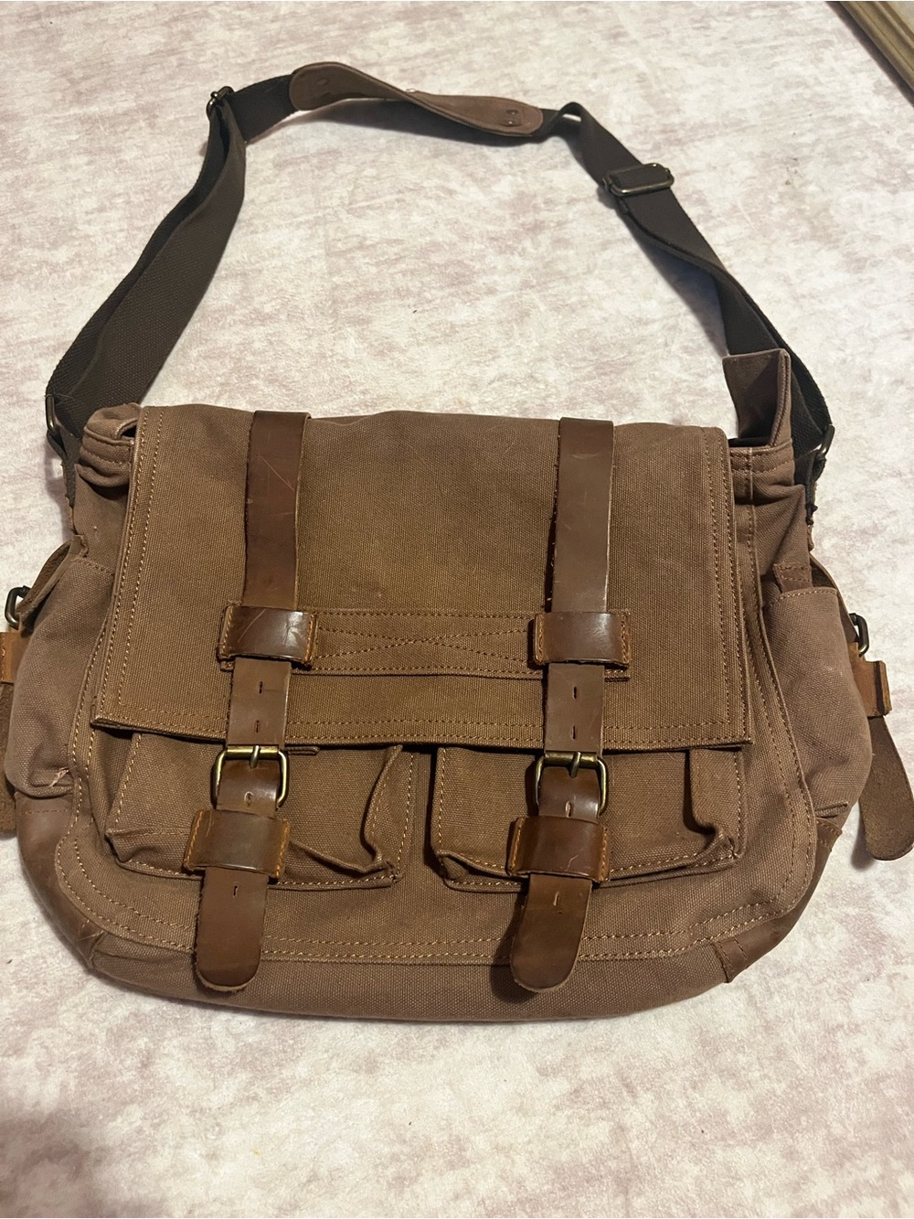 Augur Strauss Cross Body Messenger Bag Tote Brown Canvas Leather Trim
